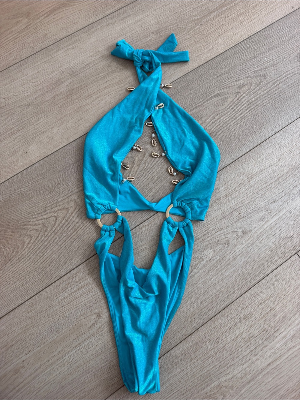 Beach Bunny Turquoise Halter One-Piece Swimsuit with Shell Accents